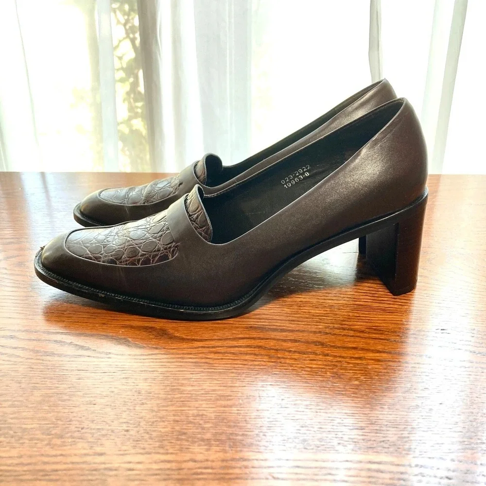 VTG Worthington Embossed Dark Brown Leather Chunky Block Heel Womens 7.5 Y2k